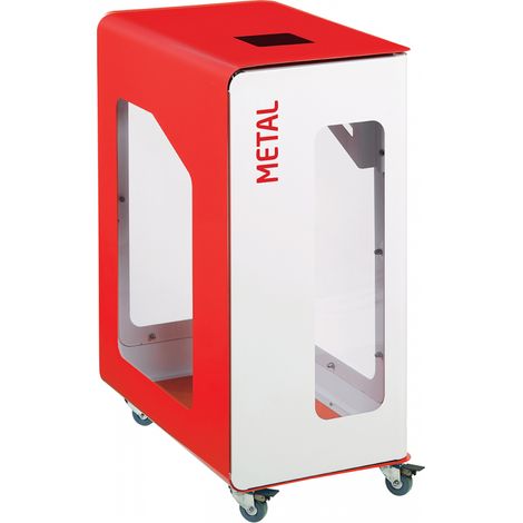 Borne de tri sélectif Cubatri Vigipirate à roulettes, sans serrure - métal - 90l - blanc / rouge signalisation - RAL 3020 (1/3)