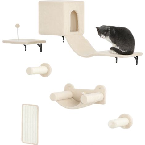 6-teiliges, wandmontiertes Katzenkletterset mit Kletterhöhle, Plattform, Hängematte, Leitern und Kratzbrett, beige