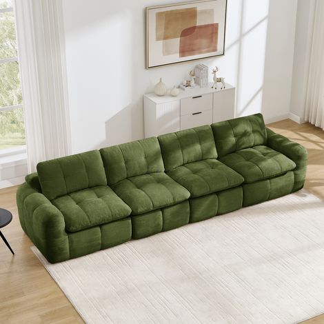 Canapé 4 places modulable en chenille, sans cadre, assise profonde capitonnée, mousse haute densité 32D, Vert, 334 x 97 x 68 cm, sans montage, pour salon et appartement, configuration flexible