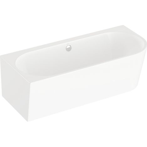 Bañera de esquina izquierda VitrA Geo de 165x75 cm, de montaje en pared, con patas y sifón estándar.