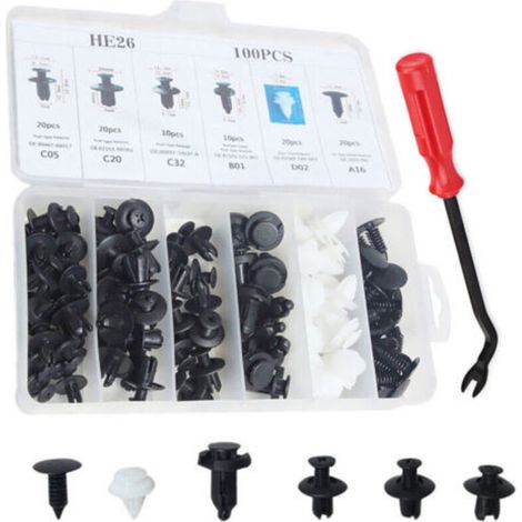 - 100 pièces Clip Garniture Kit Carrosserie Pare-chocs Porte En Plastique Push Clip Pin Rivet Fixation Vis Outil De Retrait De Voiture Tournevis