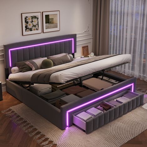 Polsterbett aus Samt mit LED und Schubladen, dunkelgrau 180x200 cm (1/5)
