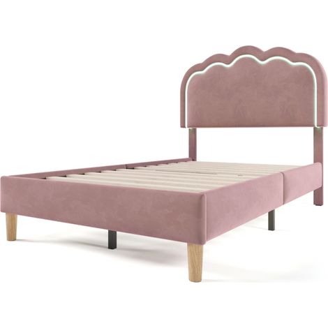Letto singolo imbottito LED 90 x 190 cm in velluto rosa, rete a doghe e testiera regolabile MODENUIT (1/5)