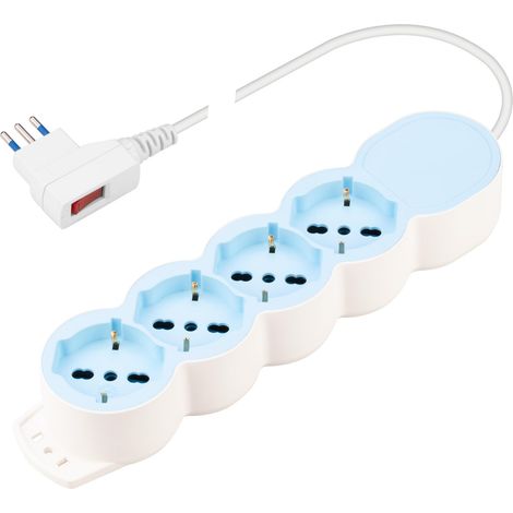 Multiprise électrique Bleu et Blanc Prise Multiple 4 Prises P40 Pluristandard, avec fiche Peu encombrante 10 A 2P+T, 1,5 m Câble et Interrupteur de sécurité (1/4)