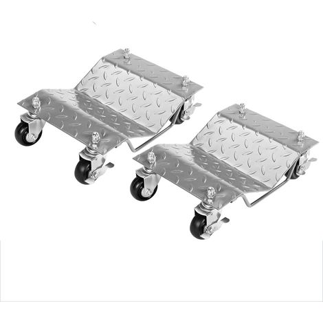 Chariots rouleurs Robustes pour Voiture – Capacité 3000 lbs – Patins Acier avec Freins – Roues antidérapantes à 360° – Argent, Plaque filetée, 2pcs, 3000 lbs