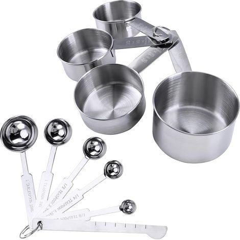 Measuring Cups, 10 pièces Ensembles de cuillères doseuses Cuillères et Tasses à mesurer en Acier Inoxydable avec Mesure Règle pour liquides et solides (1/5)