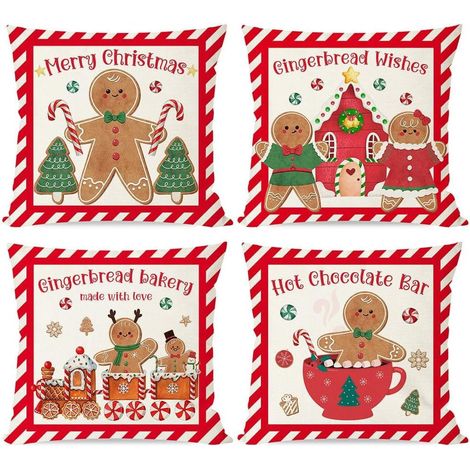 Housse De Coussin De Noël - 45x45 Cm - Motif Maison En Pain D'Épices Et Chocolat Chaud - Fermeture À Glissière - Lot De 4 (1/5)