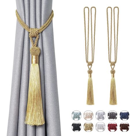Set of 2 Handmade Tassel Curtain Tiebacks with European Style Braided Rope Knot for Home and Office Decor (Gold) (1/5)