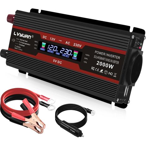 Convertisseur de tension 12V 220V 2000W – Onde sinusoïdale modifiée – Écran LCD – 2 ports USB – Pour chantiers humides et camping
