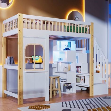 Lit Mezzanine - SOGEU - Cabane 90x200 - Bureau intégré - Échelle avec rangements - LED intégrée (1/5)