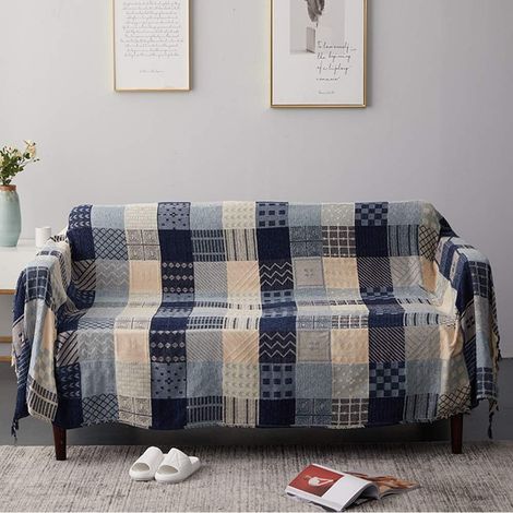 Country-style chenille throw blanket, decorative sofa cover for bed, couch, sofa, couch, couch, couch, couch, couch, couch, couch, couch, couch, couch, couch, couch, couch, couch, plaid pattern (blue, (1/5)