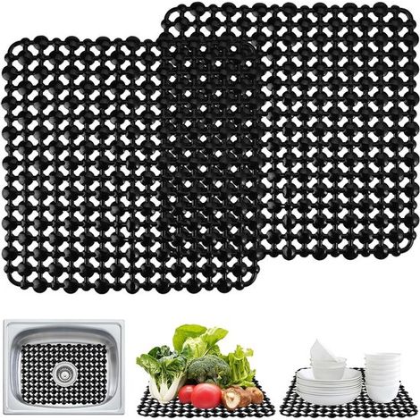 Tappetino per lavello da cucina (2 pezzi), tagliabile su misura - 28 x 28 cm - in silicone antiscivolo - nero - tappetino per lavello. (1/5)