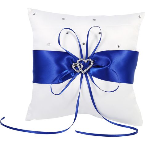 Coussin porte-alliance mariage avec nœud, cœurs doubles et diamants (Bleu) (1/3)