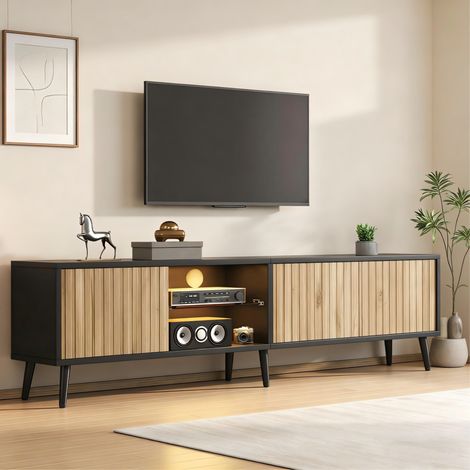 DESMIU Meuble TV LED avec 3 portes et étagères en verre, 6 pieds, pour salon, bois naturel, noir, 175 × 31 × 43,5 cm (1/5)