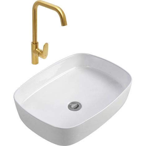 DARK mitigeur lavabo bras pivotant, or + Ceramia PixL 50x37,5x13,5 cm vasque à poser, sans trop-plein, blanc (SAT280LBZCEPX4937) (1/5)