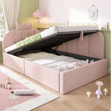 Lit adulte rangement coffre L forme 90x190 velours rose HAVRYA (1/5)
