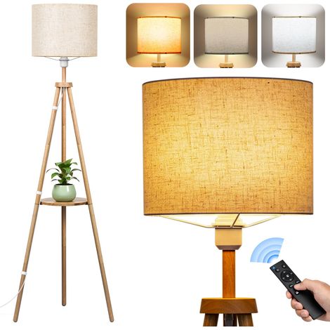 Lampadaire Trépied avec Étagères Lampadaire LED Dimmable Ampoule E27 12W Fournie Lampe en Bois avec Télécommande et Interrupteur à Pied, 3 Températures de Couleur Lampadaire sur Pied Salon (1/5)