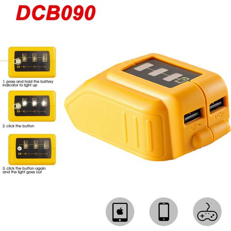 1Pack remplacer pour l'adaptateur Dewalt, 2USB source d'alimentation Li-ion chargeur de batterie adaptateur w / LED pour Dewalt 20V Max DCB090 (1/5)