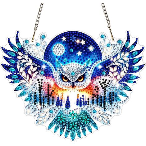 Diamant Painting Anhänger Eule Mond mit Kette, Fensterbild Bastelset für Erwachsene & Kinder