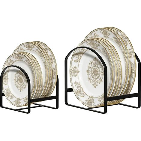 Lot de 2 porte-assiettes de cuisine, organisateur pour placard, gain de place, égouttoir à vaisselle vertical, support en métal antirouille noir pour placard et plan de travail (1 grand, 1 petit) (1/5)