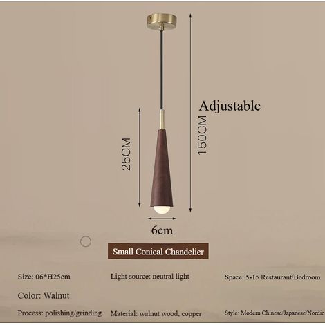 Suspension conique en noyer et cuivre, 1 lumière, lumière neutre, style vintage (1/5)