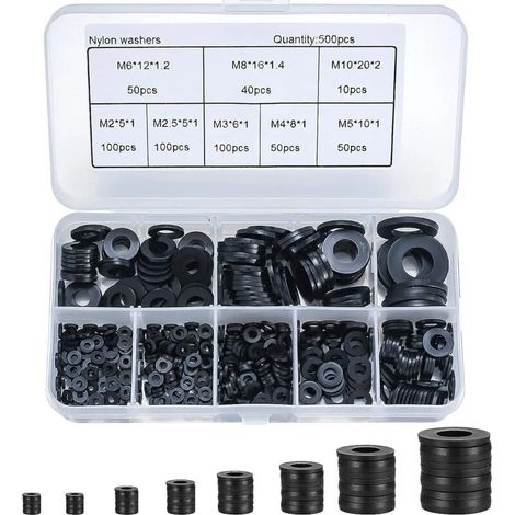 500 Pièces Rondelles Plates Nylon Noir, Rondelles Plates Isolation Rond Joint Spacer Joint Plomberie Assortiment Kit- M2/M2.5/M3/M4/M5/M6/M8/M10