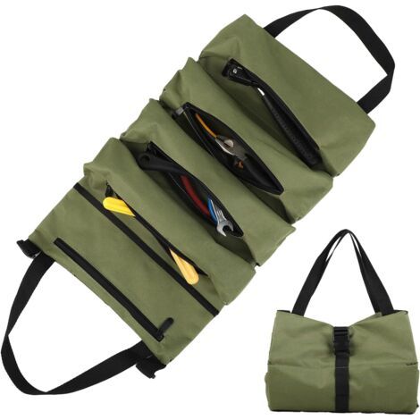 BUNTHAUS (Vert)Sac à Outils Enroulable en Toile Trousse à Outils avec 5 Poches Zippées Pour Électriciens, Plombiers, Charpentiers, Ménage, Voitures et Motos (1/5)
