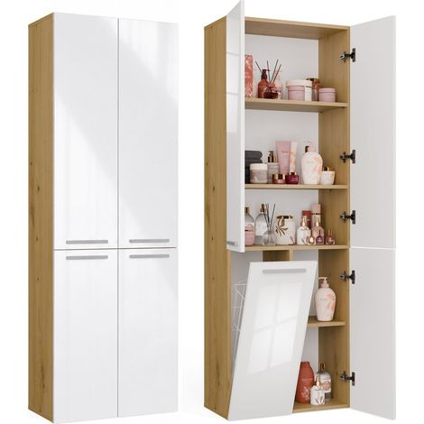NEL 1k dd - mobile bagno - 5 mensole, cesto portabiancheria - 60x174x30 cm - rovere artisan bianco lucido (1/5)