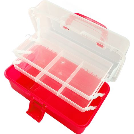 Boîte à outils, poignée pliable à trois niveaux, semi-transparente, couleur unie, grande et petite, rose, boîte de rangement pour kit d'art pour ongles Guka, rouge. (1/5)