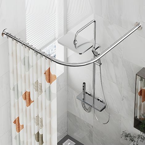 Tringle à rideau de douche en L 150-180 cm, tringle à rideau de douche d'angle, support de rideau de douche, pour baignoire, perçage requis, argent