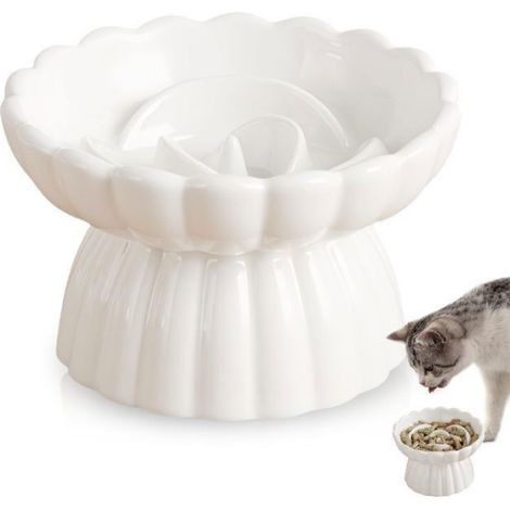 Bol Anti-Glouton - Bol Céramique Surélevé pour Chats et Petits Chiens - Forme Fleur avec Rainures - 14 x 8,5 cm - Blanc - 1 Pièce (1/5)