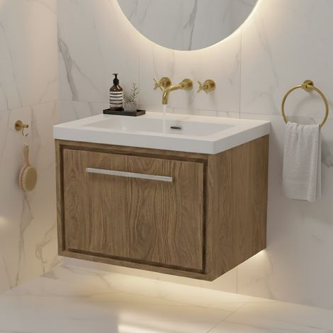 Hudson Reed Lille Wall Hung 1-Drawer Vanity Unit with 0TH Contemporary Basin 600mm Wide - Antique Oak (1/5)