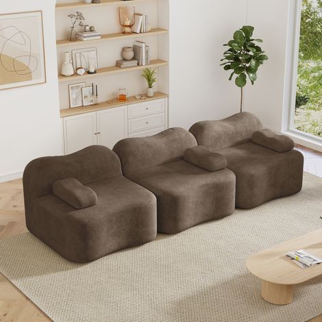 Canapé modulable 3 places 288 x 98 x 70 cm - Velours marron - Forme vague, mousse 32D (1/5)