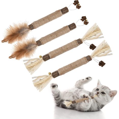 Bâtonnets à mâcher pour chat en bois naturel avec plumes et sisal, jouet dentaire interactif pour soins bucco-dentaires et santé des dents (1/5)