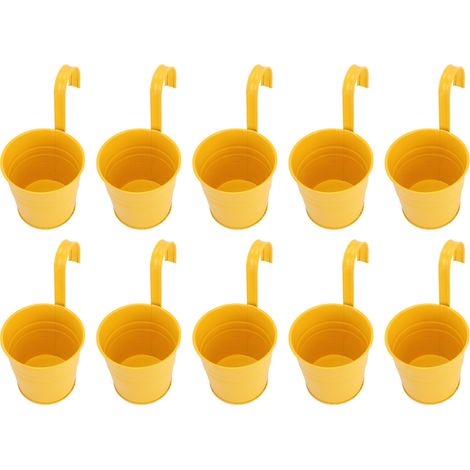 Lot de 10 pots de fleurs suspendus en seaux métalliques jaunes avec crochets amovibles pour plantes intérieur extérieur mur clôture déco maison (1/5)