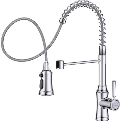 Robinet Cuisine Chrome, Robinetterie de Cuisine Douchette avec 3 Modes de Pulvérisation, Arc Haut Mitigeur Cuisine Extensible avec 360°Pivotant pour Évier de Cuisine, Acier Inoxydable (1/5)