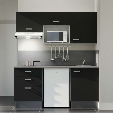 Kitchenette K20 Noir - Plan de travail Gris - Crédence : Oui - Evier (1/4)