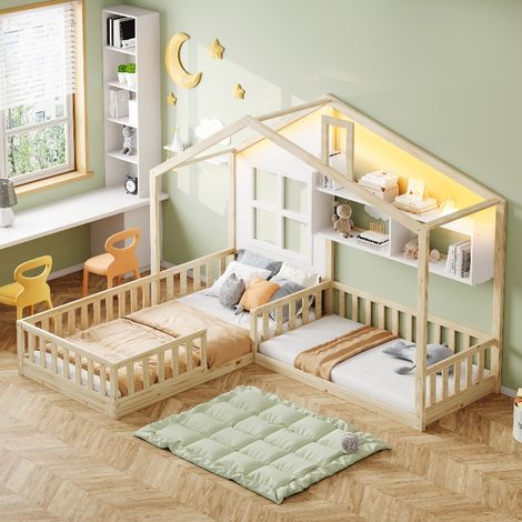 Kinderbett 90x200 cm Hausbett mit Rausfallschutz und Regal, Bodenbett aus Massivholz mit LED-Beleuchtung und Lattenrost, Holzfarbe (1/5)