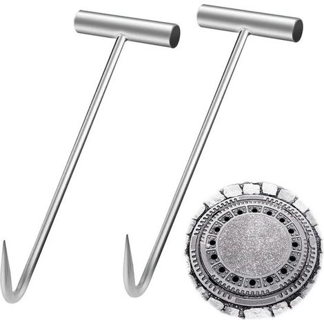 Dos ganchos de acero inoxidable de 30 cm de grosor para abrir tapas de alcantarilla. (1/5)