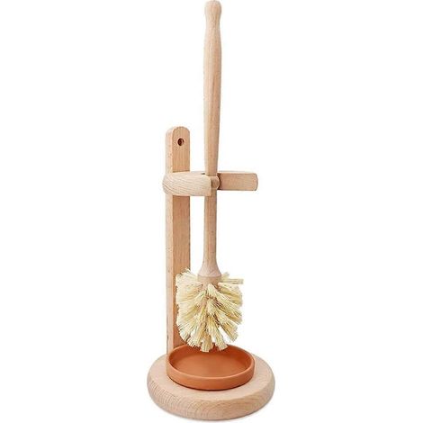 Brosse de nettoyage pour cuvette de toilettes avec support, manche extra long de 35,5 cm en hêtre allemand, bac récupérateur de gouttes en céramique (1/5)