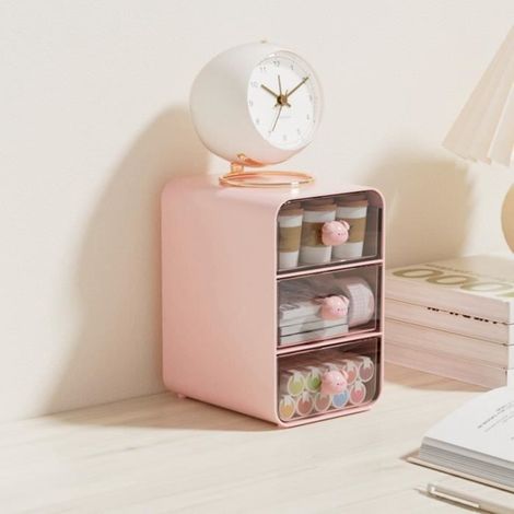 organisateur de bureau à 3 tiroirs Boîte de rangement de cosmétiques, Type tiroir, boîte de meuble bac Petit cochon rose (1/4)