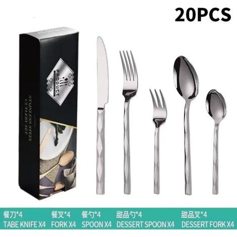 Ménagère 20 pièces en acier inoxydable à manches diamantées, pour 4 personnes : couteau, fourchette, cuillère et couverts à dessert. Finition polie miroir - argent - coffret noir