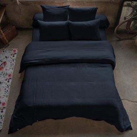 Housse de couette - Gaze de Coton - Double Face - 220x240 cm - 2 Taies 63x63 cm - Bleu Marine