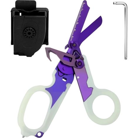 Ciseaux de sauvetage 6 en 1 pliables pour traumatisme avec étui de protection K, clé à molette pour services de secours professionnels (violet lumineux) (1/5)