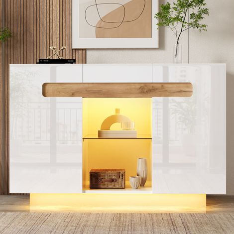 Buffet/meuble rangement LED 120×40×80cm, 1 tiroir, 4 étagères, 2 compartiments ouverts, portes brillantes, finition bois blanc/naturel (1/5)