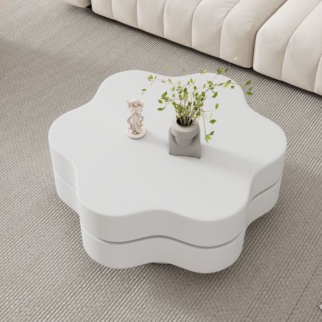 Table basse fleur 74,8x67,5x31cm avec plateau tournant 360°, table de salon rotative double couche, 2 étagères, charge max 30kg, MDF blanc crème