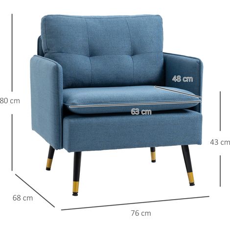 Fauteuil moderne pour salon et chambre, assise rembourrée, tissu aspect lin, 72 x 70 x 80 cm, bleu (1/5)