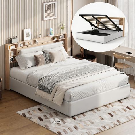 Letto contenitore 160x200 cm con testiera a triplo vano contenitore e rete idraulica - Rivestimento in PU bianco - Illuminazione LED RGB - Ampio spazio di archiviazione - Bianco (1/5)