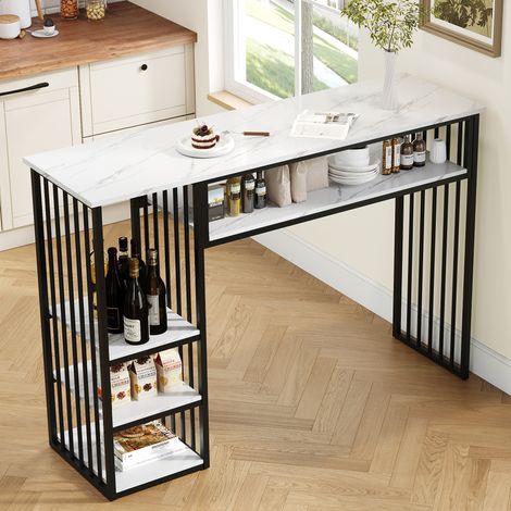 Table de bar avec rangement, 140×40×105 cm, table haute avec plateau en MDF effet marbre, 3 étagères et structure métallique noire, comptoir de cuisine pour cuisine, salle à manger et coin petit-déjeu (1/5)