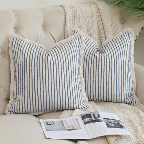 Lot de 2 housses de coussin décoratives carrées à rayures avec franges en coton chic pour canapé, lit, salon, décoration de style ferme, 50 x 50 cm (1/5)